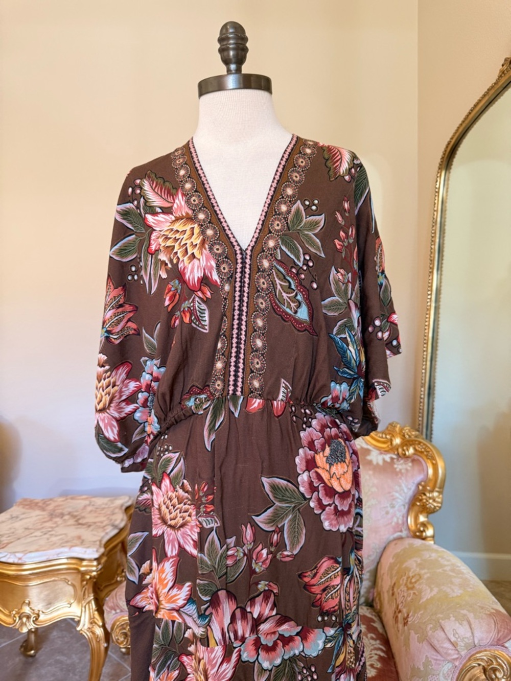 FARM Rio Brown Floral V-Neck Maxi Dress with Multicolor Blooms - Picture 2 of 16